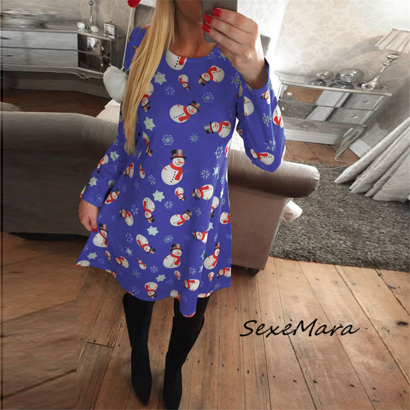 

2019 Autumn Winter Long Sleeve Cute Christmas Dress Casual Print Women Mini Purple Dress, As pic