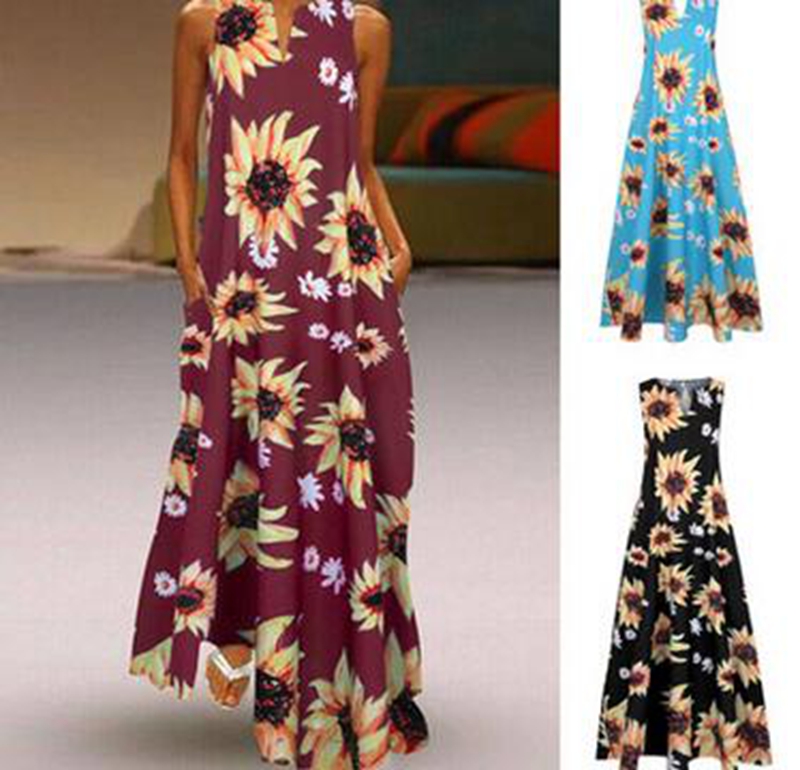 

Wholesale fashion explosion models women retro sunflower print dress sleeveless long skirt, Black