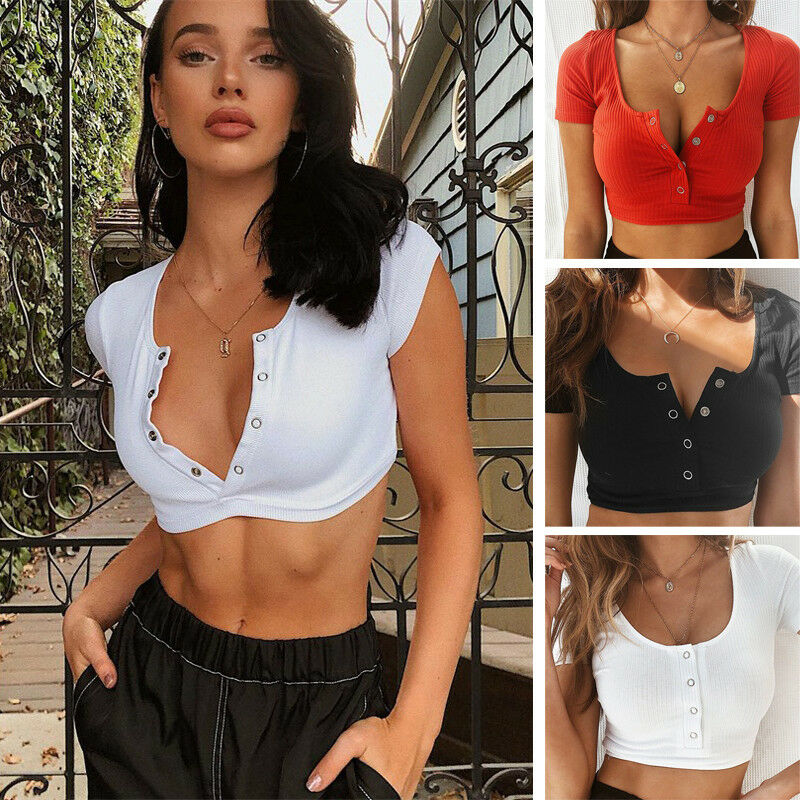 

Sexy Women' V-Neck Tank Tops T-Shirt Short Sleeve Solid Color Button Crop Top Clubwear Top Summer Slim Short T-Shirt For Womens, White