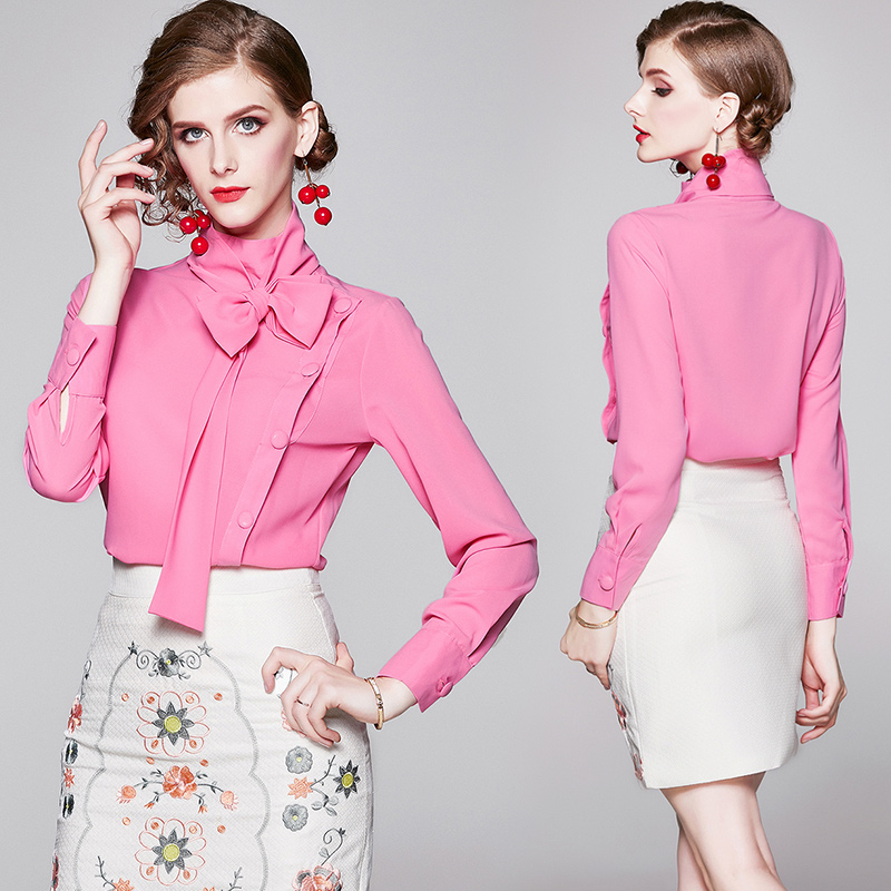 

Fashion Design 2019 Fall Chic British Style Womens Ribbon Bow Tie Neck Blouses Ladies Casual Office Button Front Long Sleeve Shirts Tops New, White