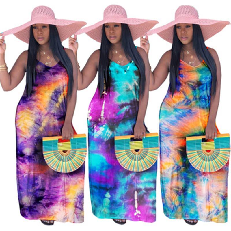

Tie Dye Suspenders Women Dresses Designer Fashion Sleeveless Summer Sexy Loose Casual Round Neck Seaside Beach Dresses Female Clothing