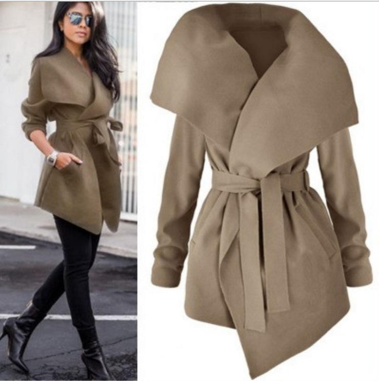 

Solid Irregular turn down collar camel female wool coat long black grey belt ladies coats autumn winter 2019 women wool jacket