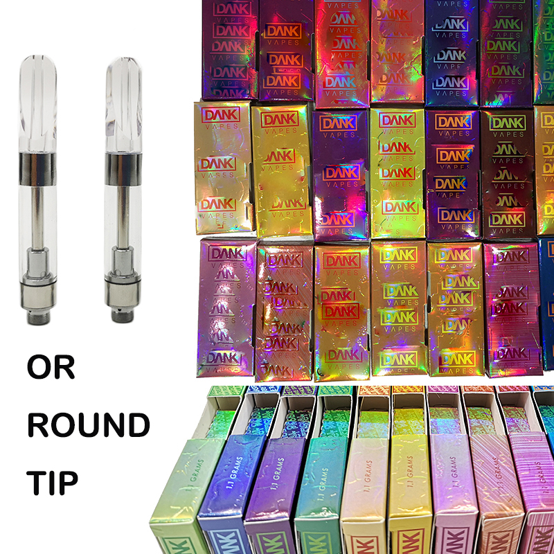 

Dank Vape Cartridges Holographic Packaging 0.8ml 1.0ml Empty Vape Tank Ecigarette 1.8mm Oil Hole 510 Thread Ceramic Coil Cartridge Vaporizer
