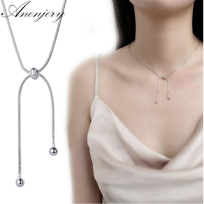 

925 Sterling Silver Round Beads Tassel Adjustable Pendant Necklace For Women Girl Choker Collar