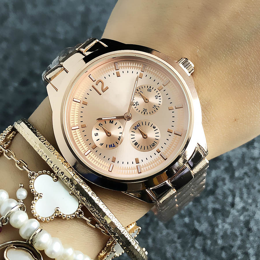 

Fashion Brand wrist watch for women's Girl 3 Dials style Steel metal band quartz watches TOM 28, Gold