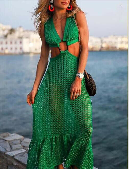 

Womens Long Beach Grid Swing Dresses Ladies Bandage Bohemian Style Sleeveless Halter See-through Maxi Sundress Clubwear, As pic