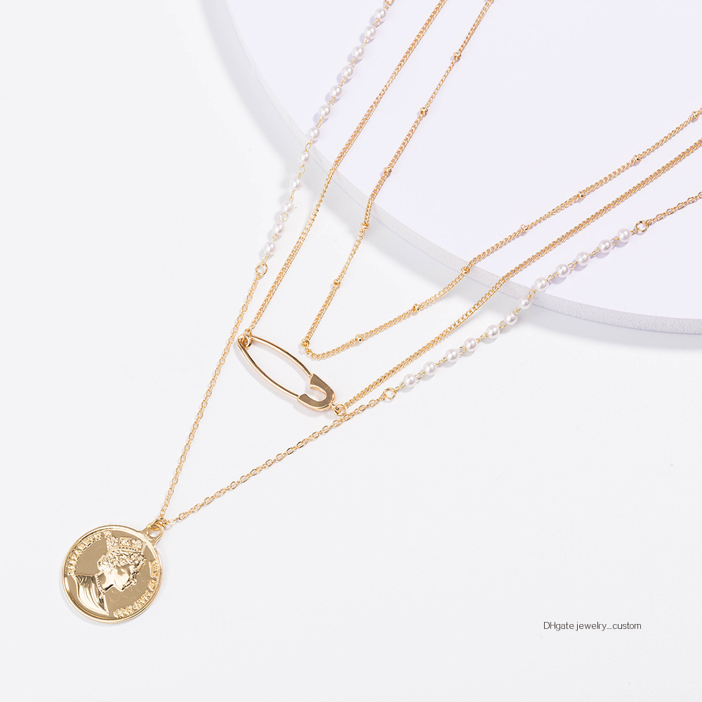 

2019 Ma'am Double-deck Necklace Coin Empress Elizabeth Pendeloque Cut Necklace Manual Pearl Chain