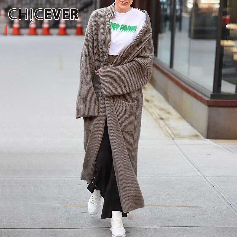 

CHICEVER Knitted Casual Women's Sweater Lapel Collar Long Sleeve Oversized Cardigans Female 2020 Spring Fashion New Clothing, Black
