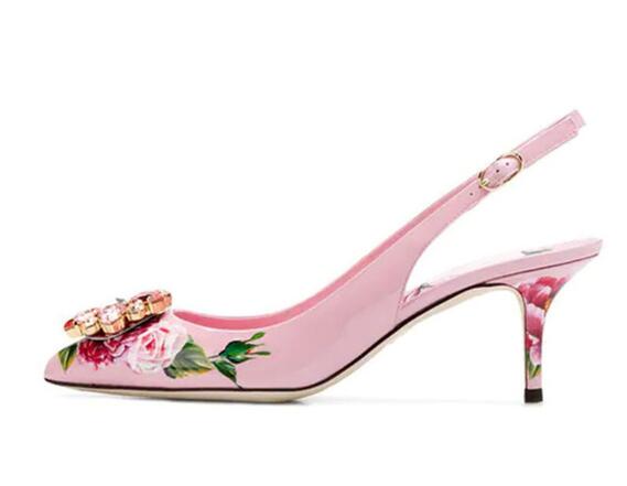 

New Style Slingbacks Woman Shoes Pointy Toe Decor Colorful Rhinestone Thin Sapatos Feminino Elegant Print Flower Pumps Women, Black