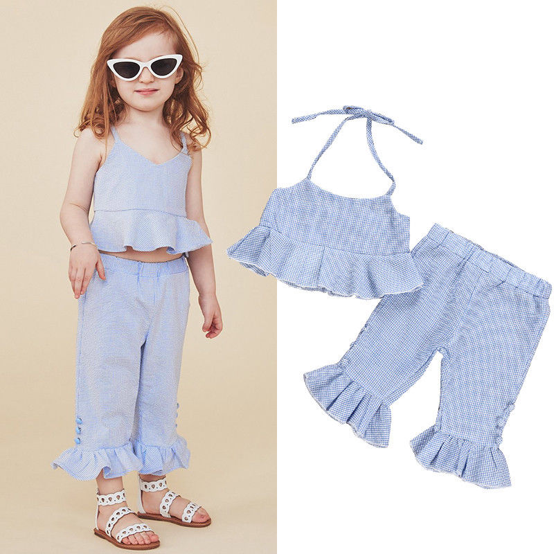 CANIS Summer Toddler Kids Baby Girl Girls Stripe Ruffle Tops Vest Sleeveless T-shirt Flared Pants Leggings Outfits Clothes Set-image-468104283