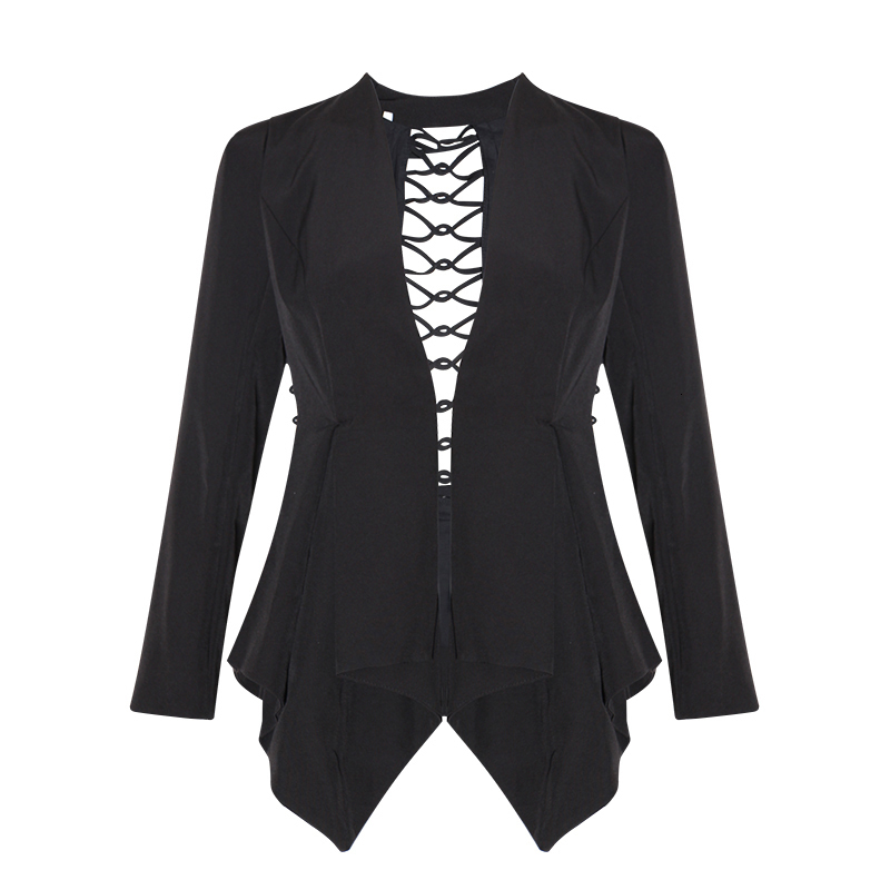 

Elegant Beading Blazer For Women V Neck Long Sleeve Hollow Out Tunic Slim Coat Female Fashion Clothing 2019 New, Black