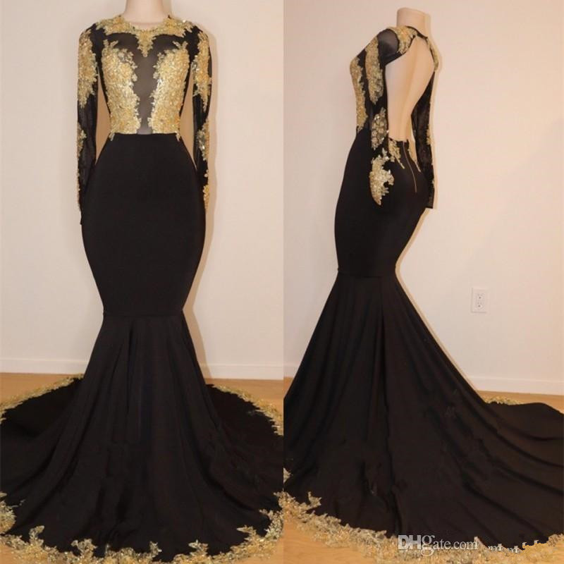 2020 New Black Long Sleeves Mermaid Evening Gowns Keyhole African Satin Lace Sweep Train Black Girl Plus Size Prom Dresses Vestidos De Festa