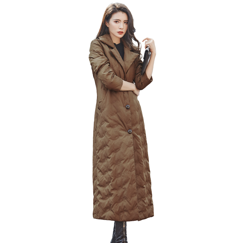 

Brand Design Winter New Caramel Down Jacket Women X-Long Single-breasted Turn-down Collar Slim Street Style Down Coat Parkas