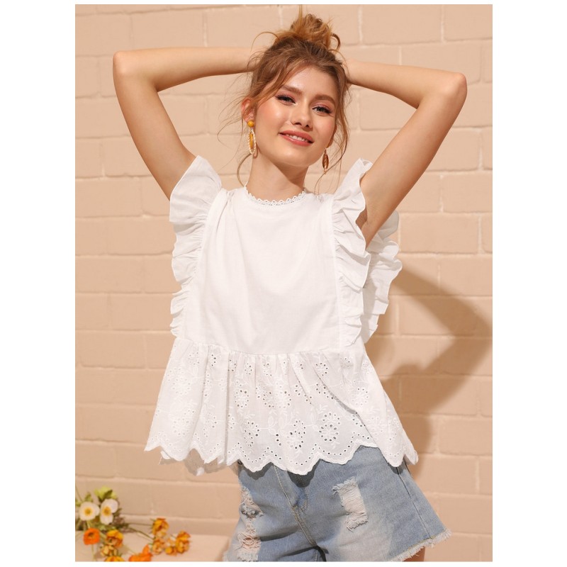 

Lolita hollow out embroidery petal sleeve cotton shirt white top
