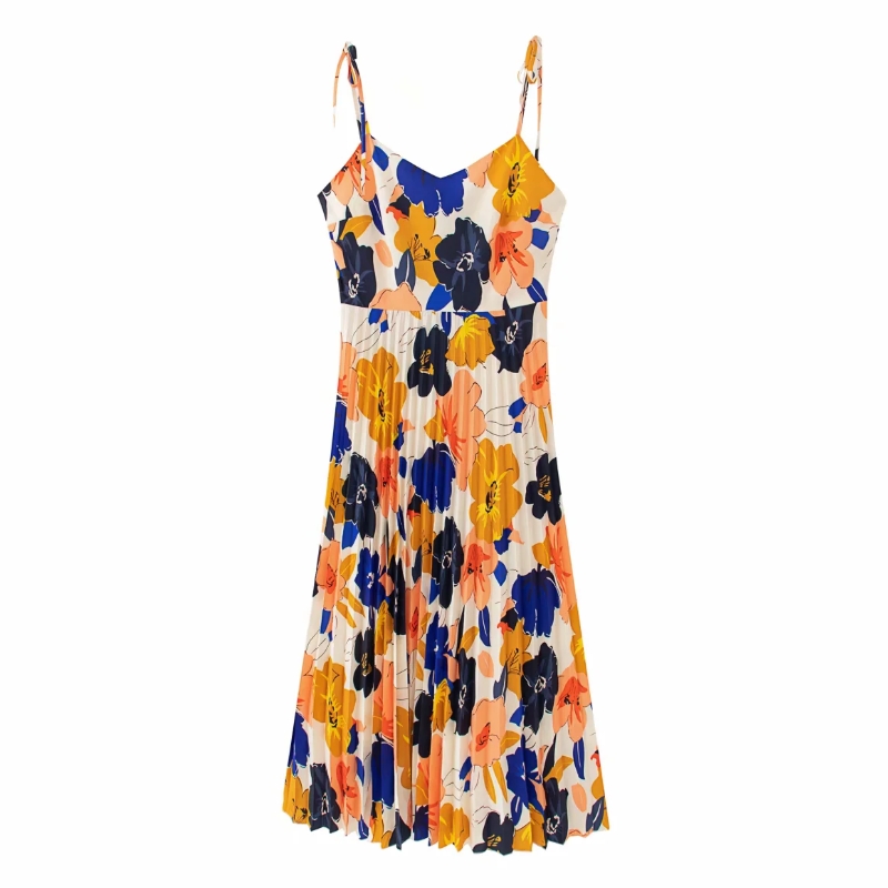 

New 2020 Women holiday flower print pleated sling Dress Female spaghetti strap Vestidos Chic casual summer slip Dresses DS3736, As pic ds3736she