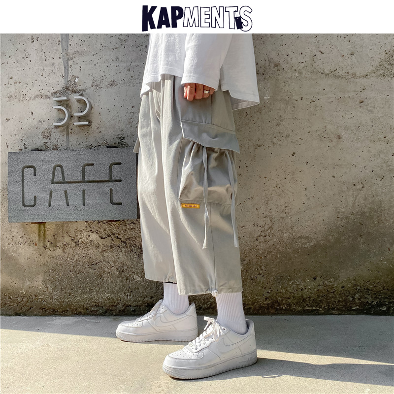 

KAPMENTS Men Multifunction Cargo Pants 2020 Summer Mens Streetwear Hip Hop Ribbons Joggers Pants Male Baggy White Harem, Black