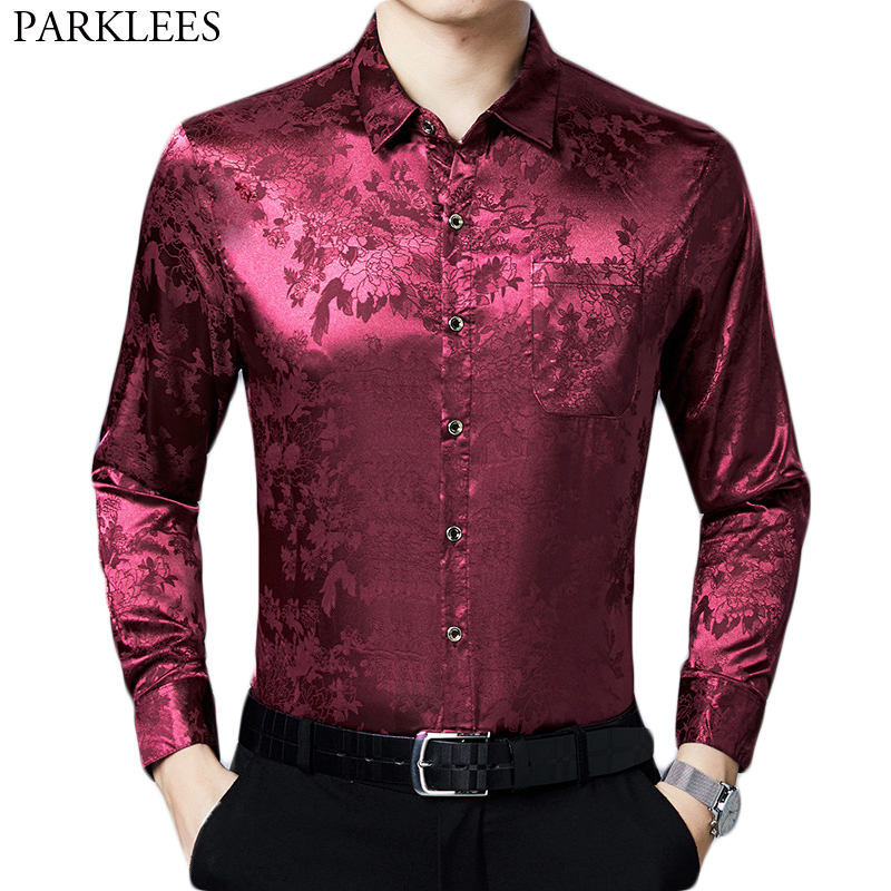 Wine Red Floral Silk Satin Shirt Men 2020 Stylish Flower Jacquard Mens Dress Shirts Slim Fit Casual Button Down Shirt Chemise
