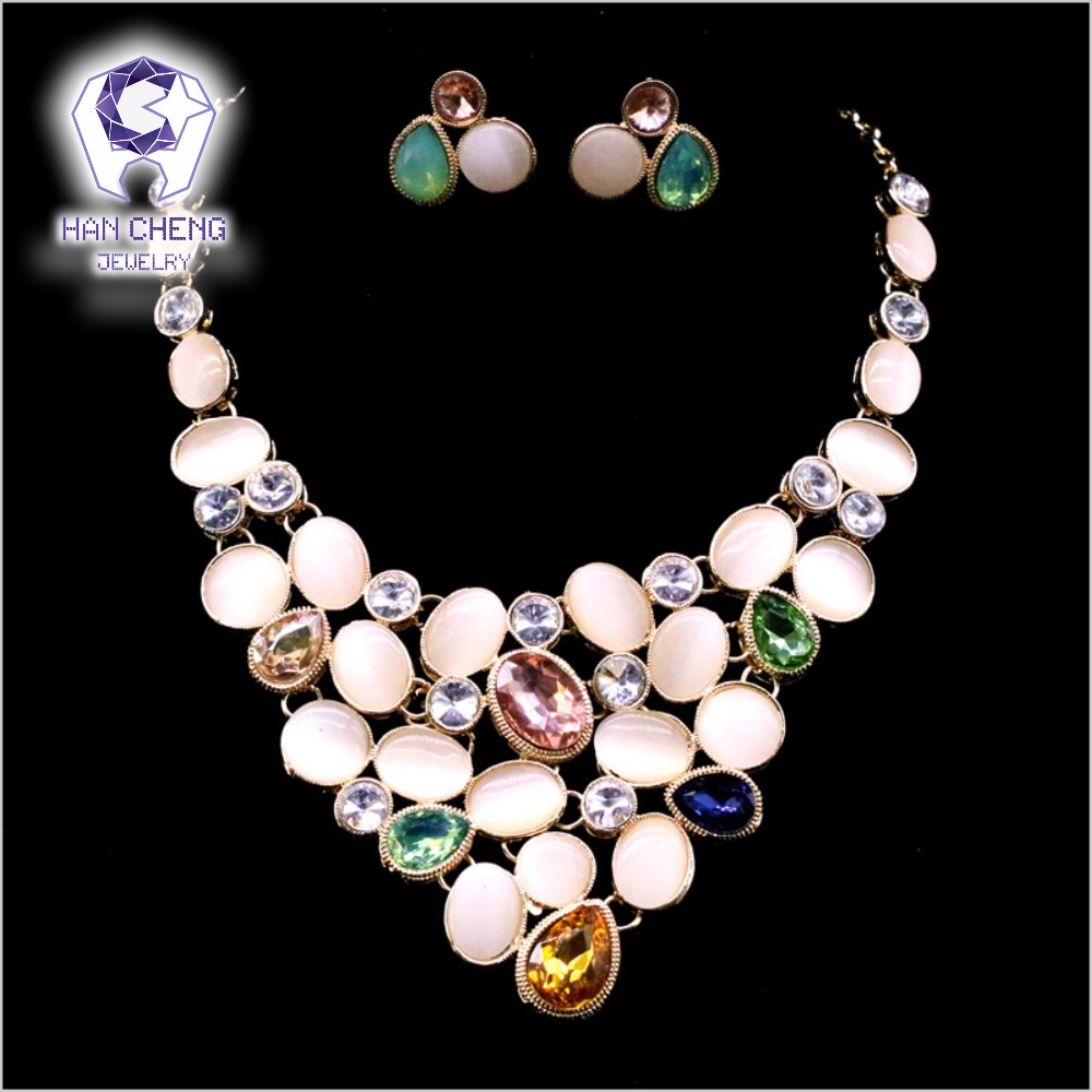 

HanCheng Fashion Golden Link Colorful Opal Created Crystal Rhinestone Necklace Earrings For Women Jewelry Sets & more Collier, As pic