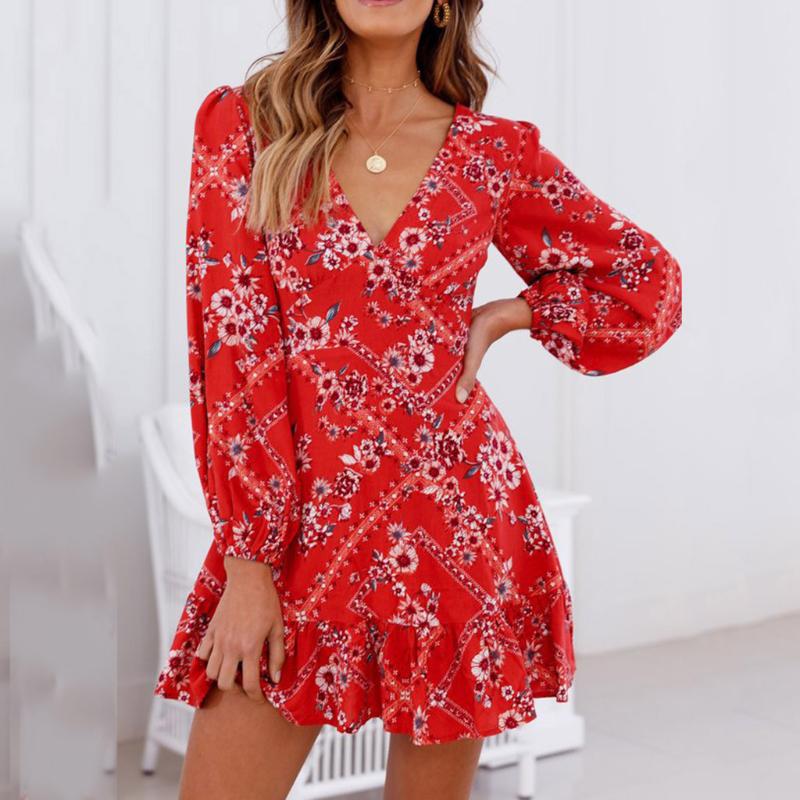 

2020 Summer Women Casual Long Sleeve V-Neck Vintage Dresses Red Floral Large Size Shirt Dress Straight Asymmetrical Vestido