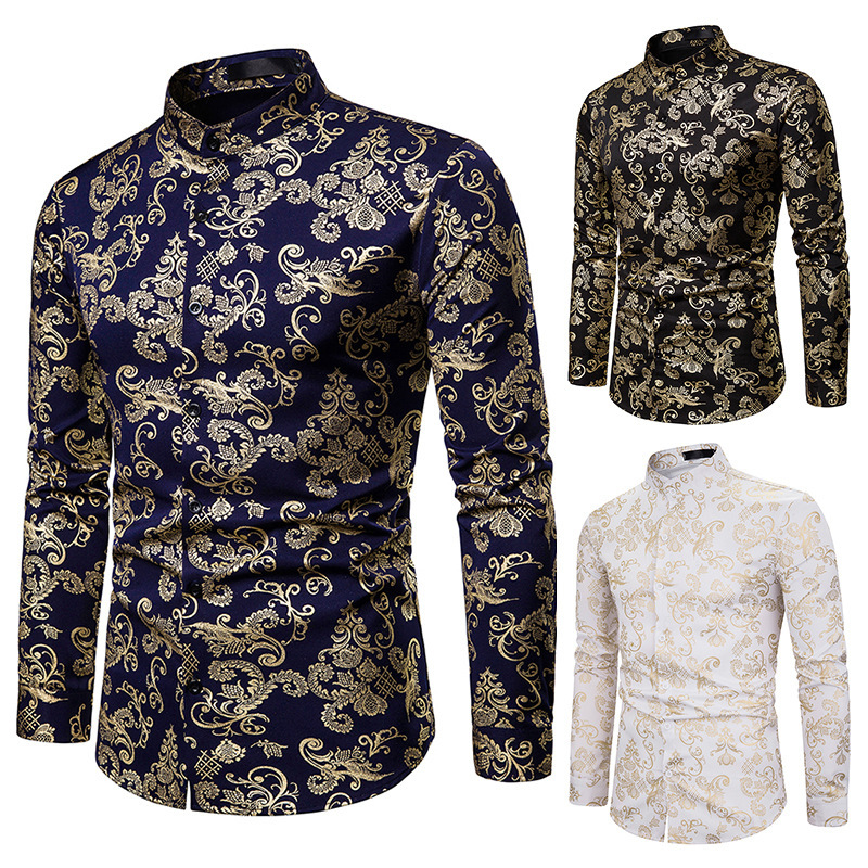 

Autumn Nightclub Casual Men' Fashion Collar Shirt Men' Fashion Hot Stamping Printing Long Sleeve Shirt Men Men, Black