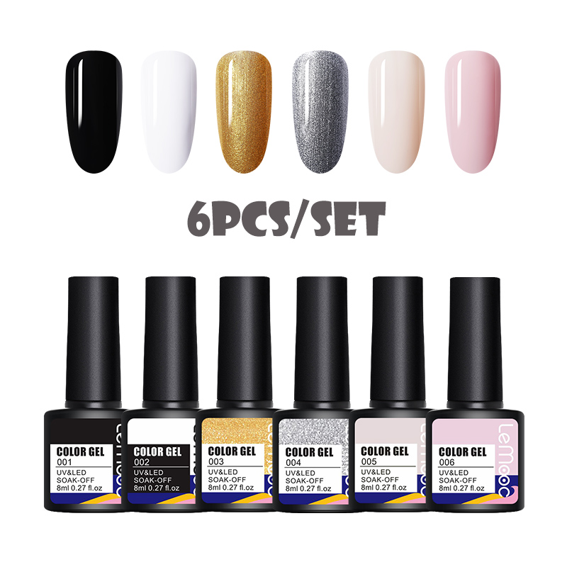 

6Pcs/Set LEMOOC 8ml UV Gel Polish Set For Nail Gel Kit New Design Nail Art Varnishes For Manicure Set Base Top, Set 9