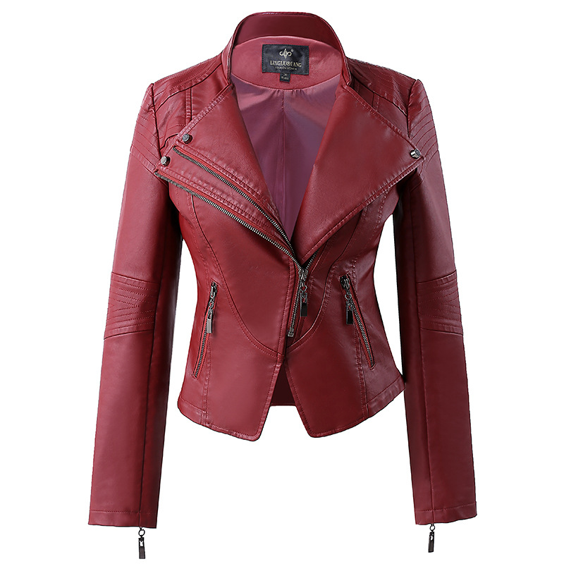 

2019 New Slim Black Leather Jacket Women Faux Leather Plus Size -4XL Mandarin Collar Motorcycle Coat
