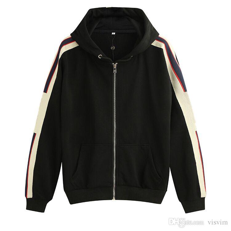

19ss black Luxury Italy Designer Fashion Brand New HOODED ZIP-UP SWEATSHIRT WITH logo STRIPE Men's g Hoodies women Sweatshirts man clot, Gray