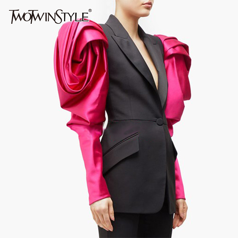 

TWOTWINSTYLE Patchwork Hit Color Women's Blazer Puff Sleeve Notched Female Blazers 2019 Autumn Plus Size Fashion New Clothing CJ191209, As picture