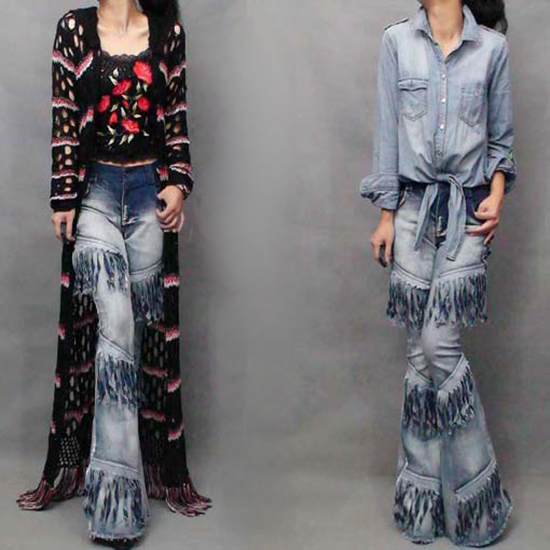 

Women's Fashion Gradient Color Tassel Big Flare Denim Jeans Pants 2017 Spring Slim Full Length Jeans Light Blue Trousers Females