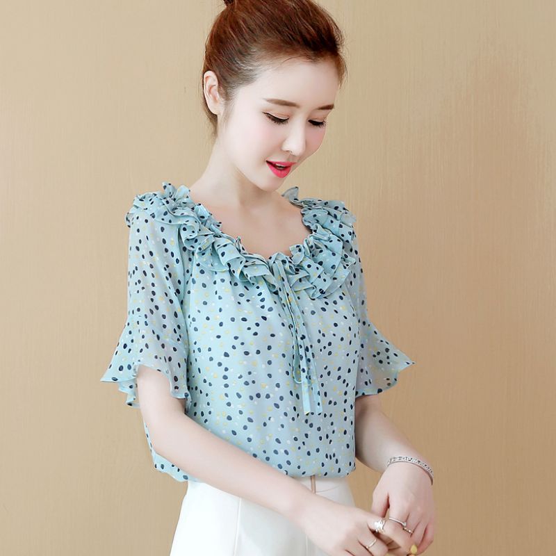 

Women Casual Chiffon Blouse Shirts Lady Short Sleeve O-Neck Print Blusas Tops, Blue