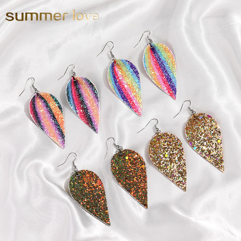 

2020 New 7 Colors Classic Glitter Leaf PU Leather Earrings For Women Personalized Design Jewelry Statement Dangle Earrings Wholesale