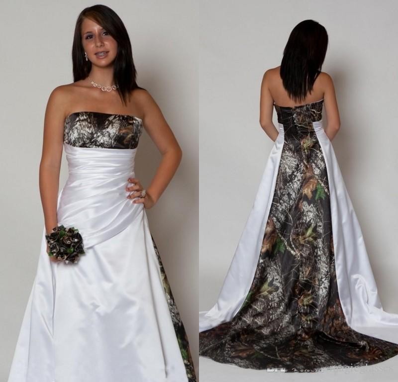 Designer A Line Camo Wedding Dresses 2021 Strapless Pleats Sweep Train Satin Country Beach Bridal Gowns Plus Size Cheap robes de mariée