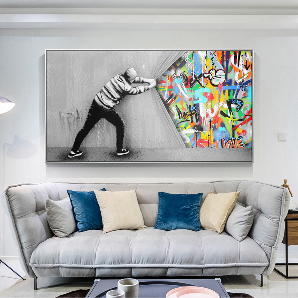 

Graffiti Art Wall Pictures For living Room Behind The Curtain Street Art Canvas Oil Paintings On The Wall
