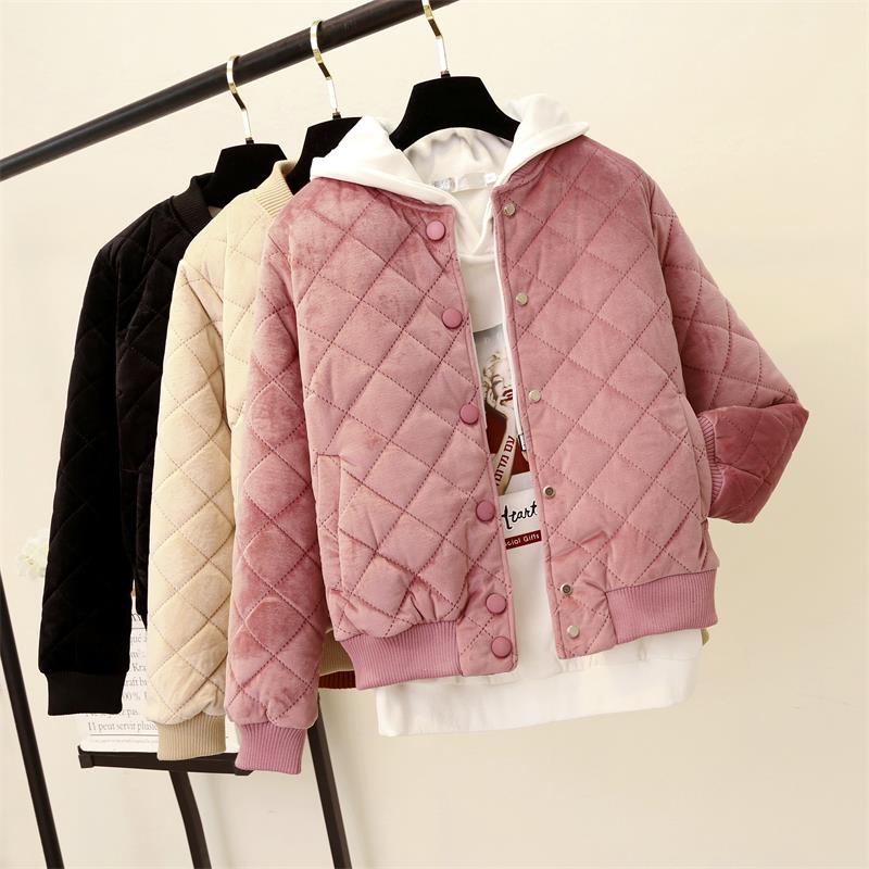 

Autumn Winter Women Velvet Coat Warm Thicken Cotton Parkas Down Jacket Students Baseball Bomber Outwear Short Solid Tops RH1309, Beige
