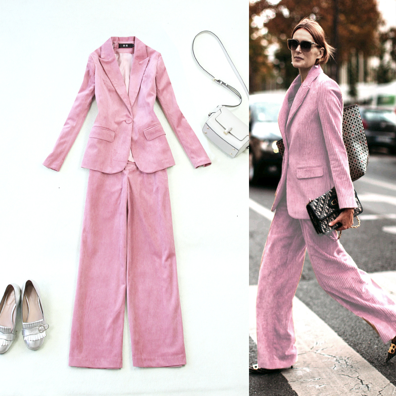 

autumn women' pant suits blazer set Corduroy suit jacket Blazers & high waist wide leg pants 2 pieces Office lady suits set