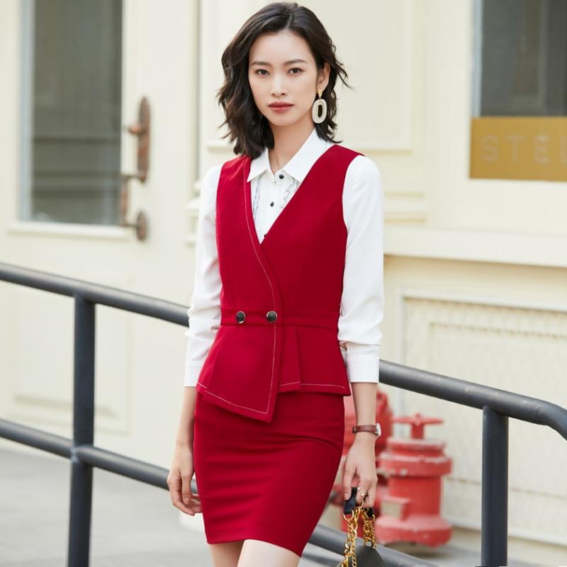 

Ladies Red Waistcoat Women Business Suits With Skirt and Vest Sets Attendants Beauty Salon Office Uniform Styles, Vest only