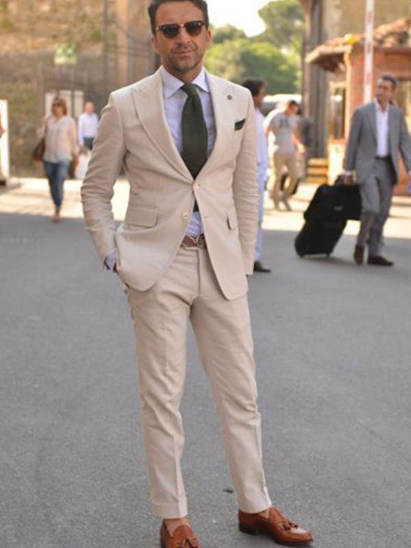

ANNIEBRITNEY Beige 2 Piece Slim Fit Men Formal Suit Tailor Made Groom Wedding Tuxedo 2 Piece Prom Wedding Business Men Suit Set