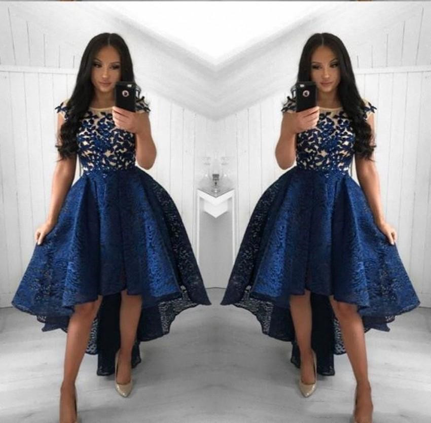 

2019 Navy Blue Lace Prom Dresses Sheer Neck High Low Short Party Evening Gowns Homecoming Dresses A Line Maid of Honor Dress, Lavender
