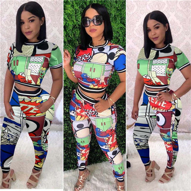 

9L6140 European and American women new recommended cartoon printing leisure two piece set, Gray