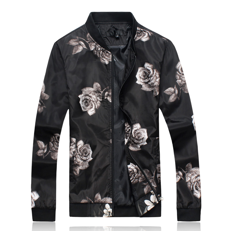 

Casual Jackets for Men Red White Flower Classic Jackets Fashion Coat Slim Male Large Size Slim Fit Stand Collar Brand