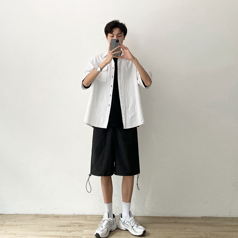 

Summer Cotton Shirt Men's Fashion Solid Color Retro Korean Casual Shirt Men Streetwear Wild Loose Short Sleeve Mens -2XL, Black