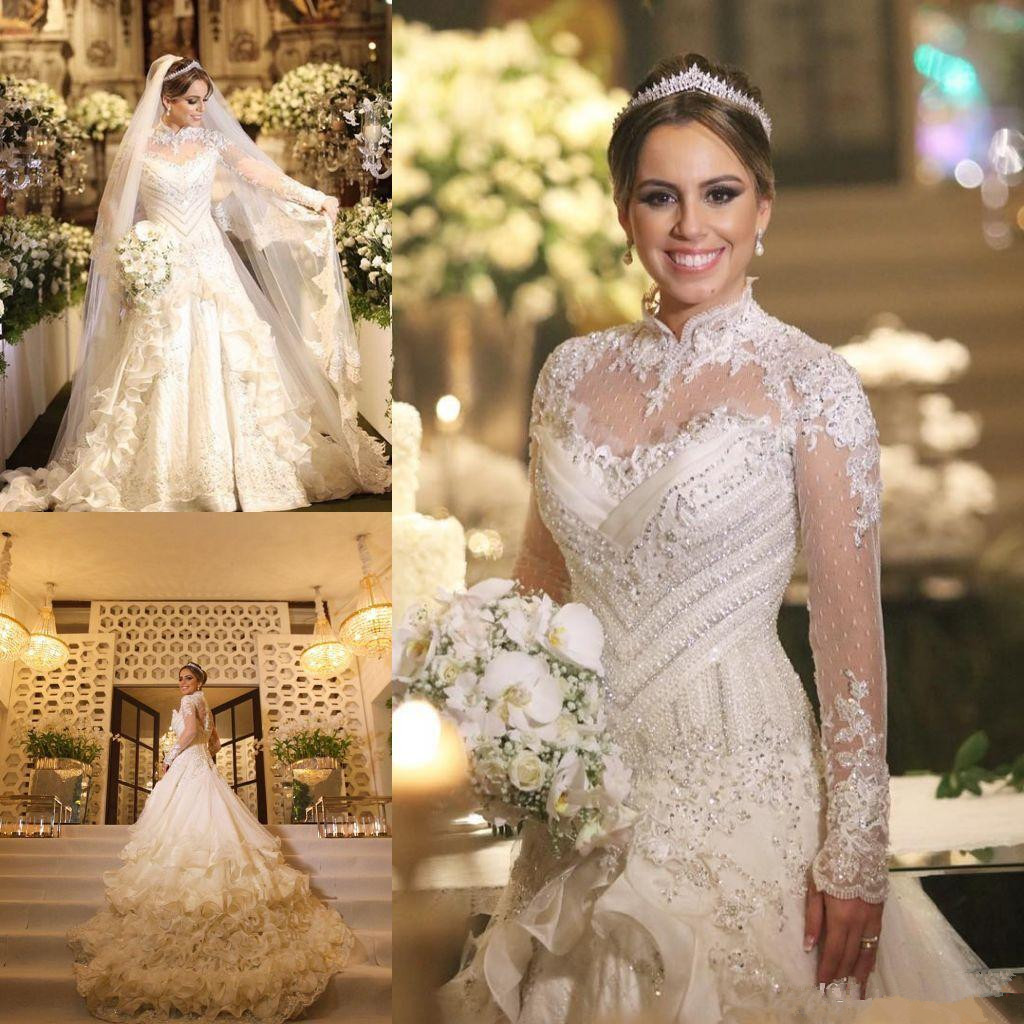 

Vintage High Collar Wedding Dresses 2020 Long Sleeves Lace Applique Sequins Saudi Arabic Dubai Bridal Gowns with Tiered Ruffles Train, Same as image
