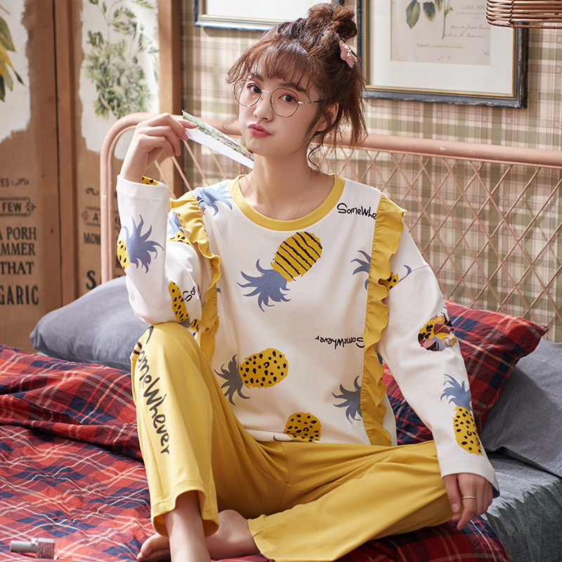 

Autumn Long Sleeve Pajamas Suit Women Cotton Pineapple Print Home Clothing For Ladies O-neck Lounge Wear Pijama Girls Sleepwear, Yellow
