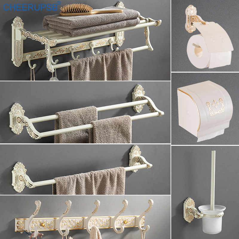 

Bathroom White Accessories Set Patterns Carving Bath Towel Holder Wall Mount Towel Rack Toilet Paper Box Suit Full Set