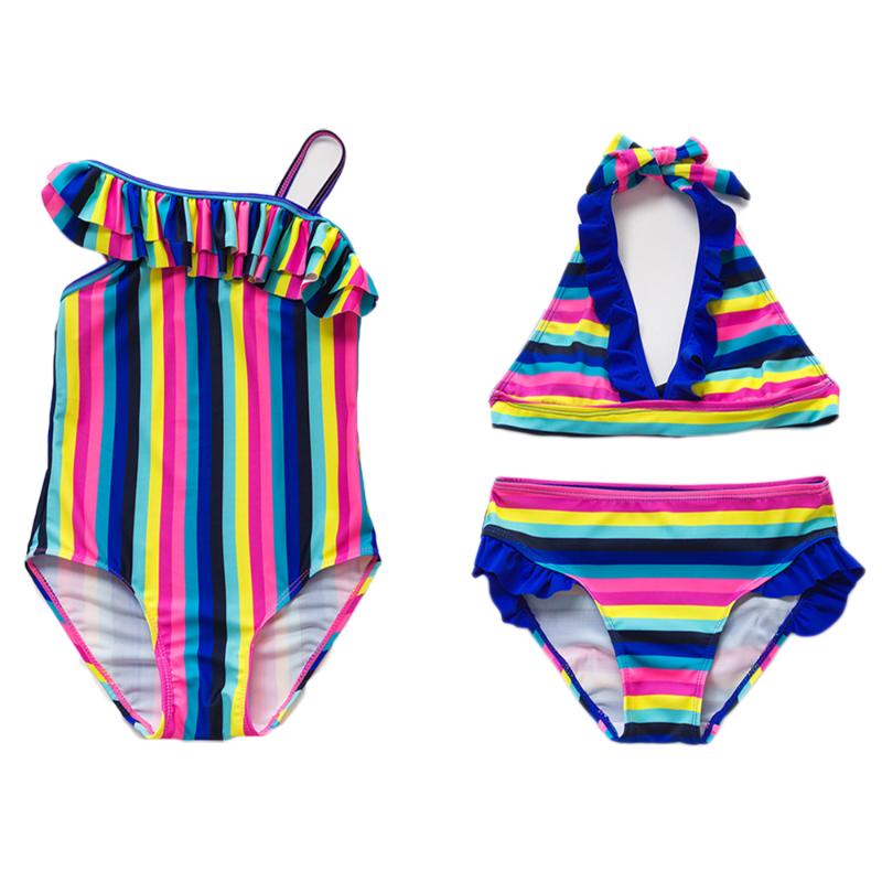 

New 2020 Girls swimwear 5~14Years Girls falbala Swimsuit Teenager Kids Beachwear Colorful Strips Children swimwear-ST188/189