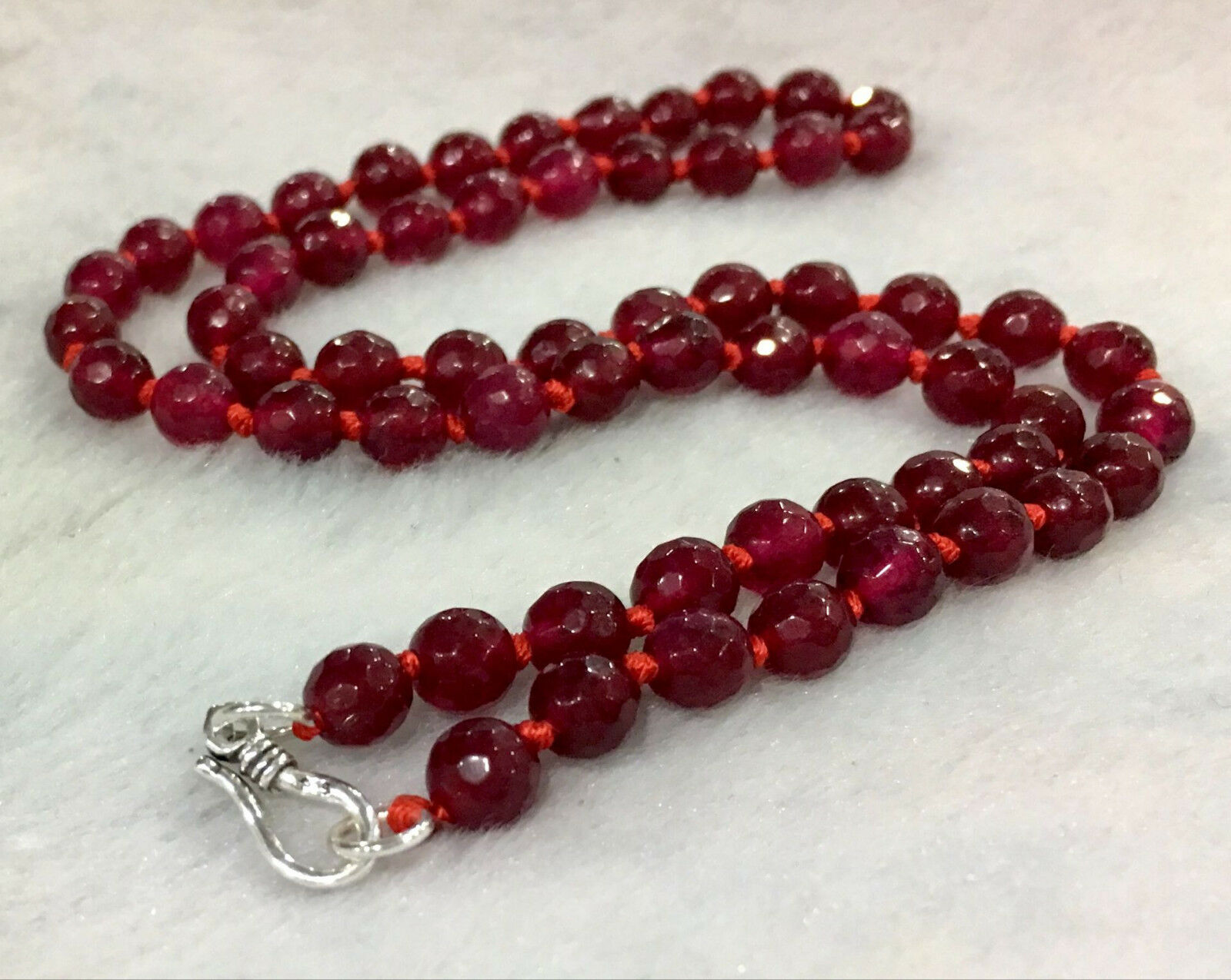 

Fine 6mm red Ruby Faceted Roundel Gems Beads Necklace 925 Silver Clasp
