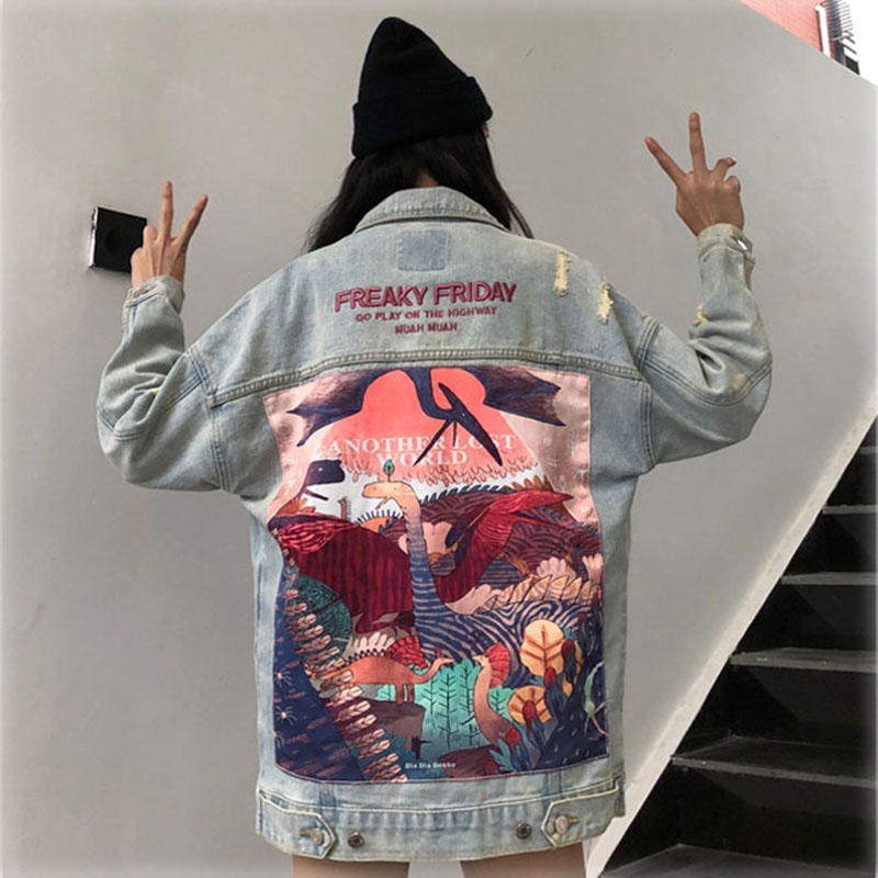 

New Cartoon Pattern Female Jean Jacket Hole Loose Wash Old Denim Jacket Women Spring Autumn Lapel Single Breasted chaqueta mujer, Photo color
