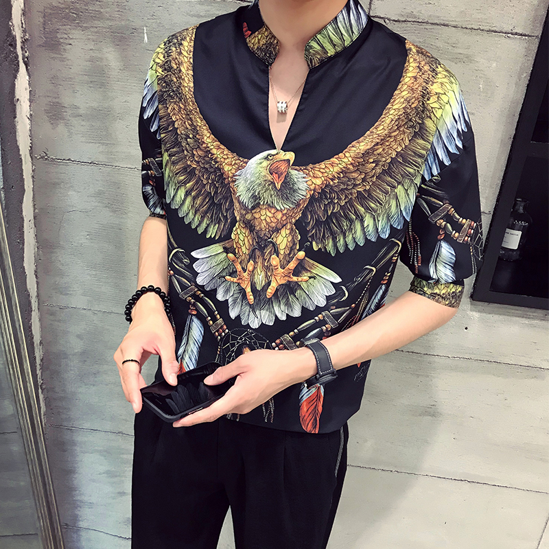 

Summer New Thin Male Sleeve Easing Printing Edition Leisure Casual Rayon Three Quarter Mandarin Collar Men Mens Shirts 2019, See chart