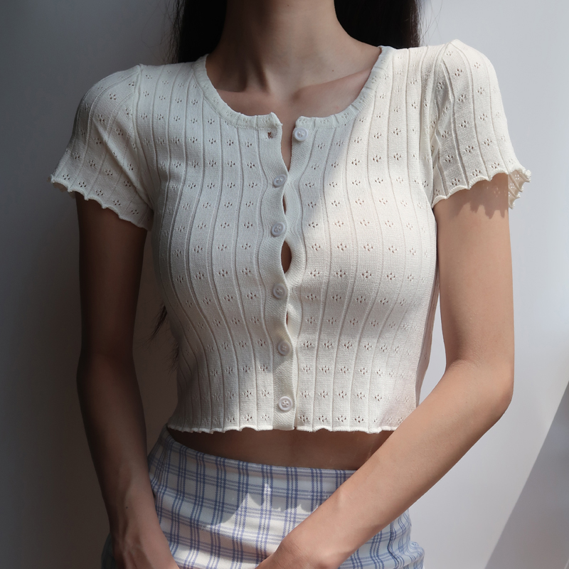 

Summer Sexy White Top T Shirts Short Sleeve Slim Crop Tops front Buttons Black Short Tees Thin Knit Ribbed Fitted Cropped
