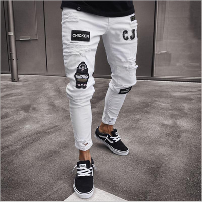 

3 Styles Men Stretchy Ripped Skinny Biker Embroidery Print Jeans Destroyed Hole Taped Slim Fit Denim Scratched High Quality Jean, Black